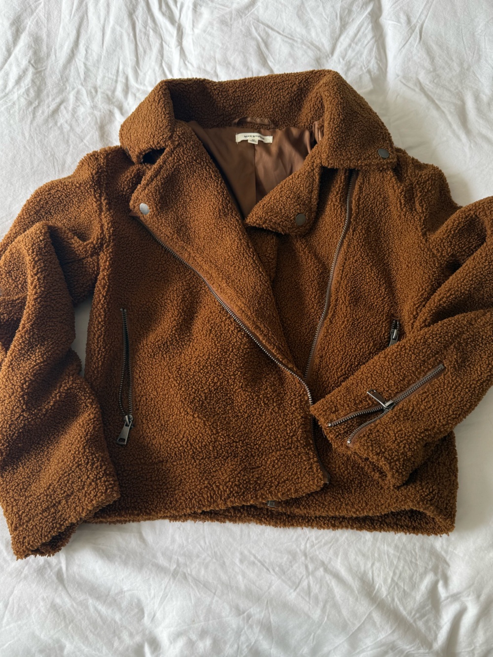 Max Studio Cognac Teddy Sherpa Faux Shearling Moto Jacket M